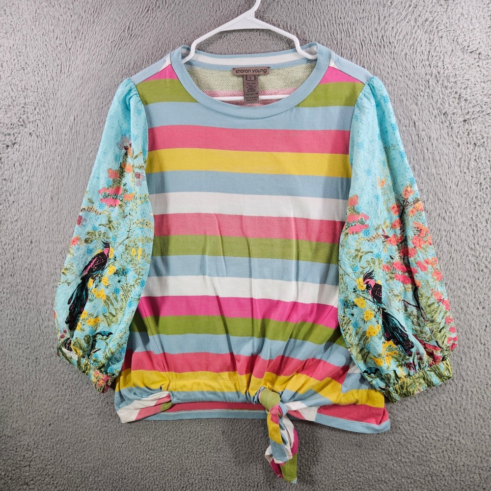 Sharon Young Womens L Striped Tie Front Top Floral Bird Balloon Sleeve Cotton